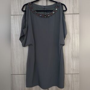 Elegant Gray/Muted Green Dress with Embellished Neckline